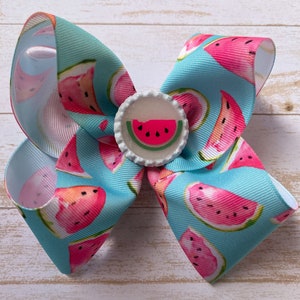 Watermelon boutique hair bow, resin hair bow center, hot pink aqua hair bow, summer fruit hair bow watermelon slice hair clip girl accessory