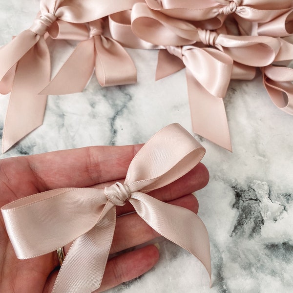 Champagne Satin Bow Set Pretied Bows for Gift Bows for Wedding Favor Bags Tied Bows for Shower Favor bows Rose Gold Bulk bow Treat Bag