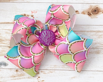 Mermaid Scales Hair Bow Big Seashell hair bow pastel summer hair bow for girls accessories glitter clay center boutique hair bow handmade