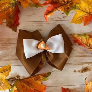 May include: A brown and white bow with a small pie-shaped embellishment in the center. The bow is surrounded by fall leaves.