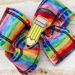 Back to school bow pencil hair bow crayons hair bow picture day hair bow rainbow school bow elementary bow grade hair bow first day outfit