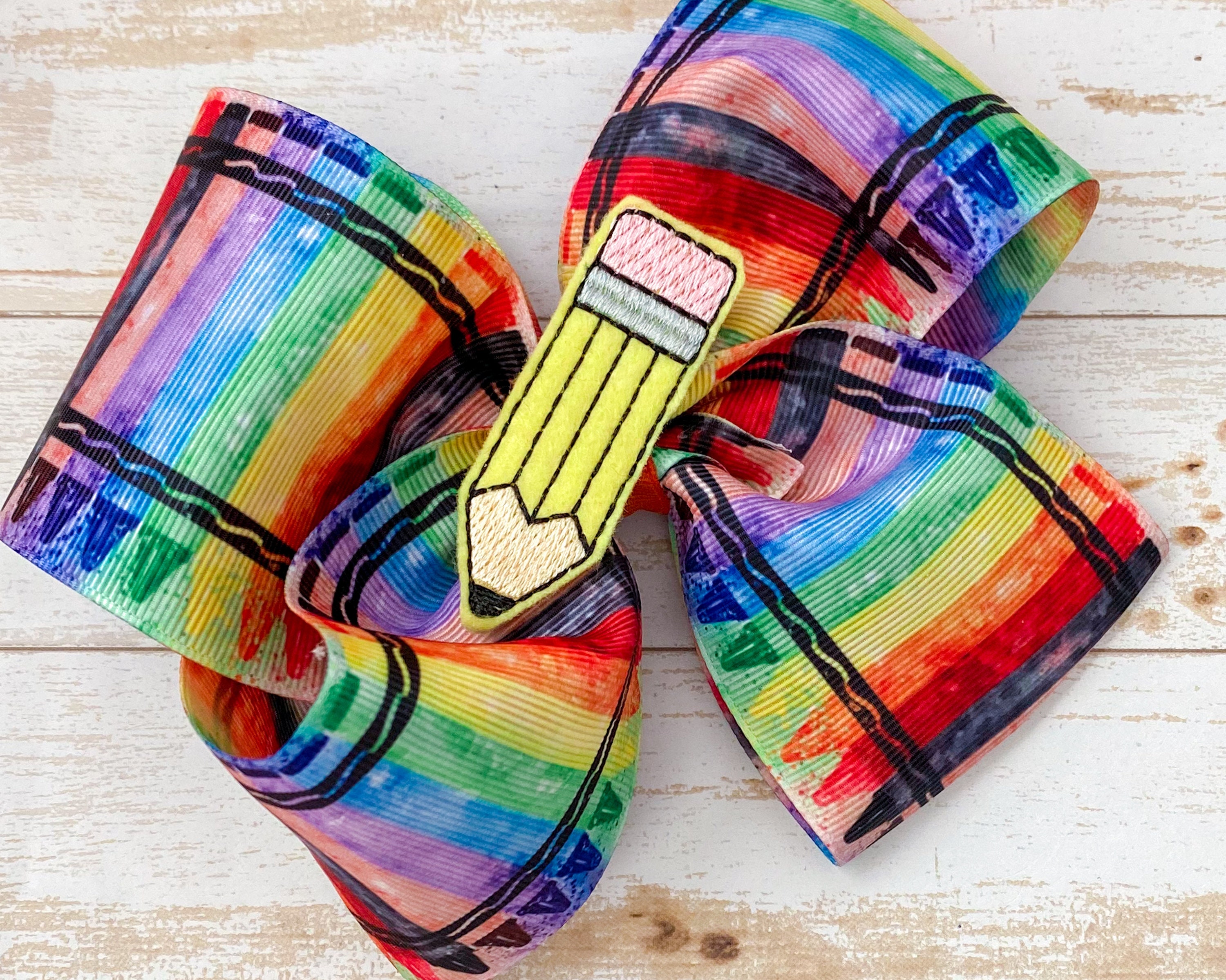Back to school bow pencil hair bow crayons hair bow picture day hair bow rainbow school bow elementary bow grade hair bow first day outfit