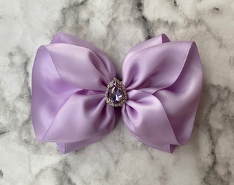 Light purple pageant Hair Bow, Rhinestone ruffled Hair Bow, extra large purple bow, purple Glitz Hair Accessory, fancy purple satin hair bow
