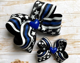 Police Hair Bow, Thin Blue Line bow, first responder hair bow, cop hair bow, black blue hair bow, law enforcement hair bow, sheriff hair bow