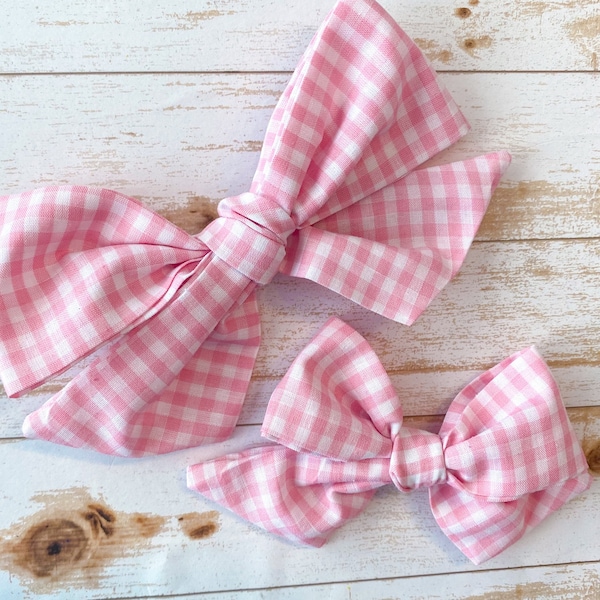 Pink Gingham Cotton Hair bow, spring knot hair clip, hand tied pinwheel bow, pigtails hair bow, matching hair bow. pink headband baby girls