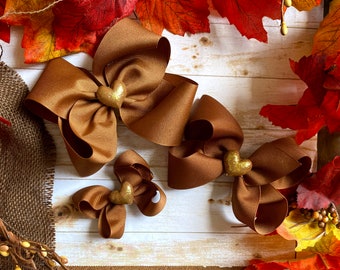 Solid Brown Hair Bow, three sizes hair bow, matching sister hair bows, autumn gold hair bow, neutral fall hair bow, multi-size hair bows