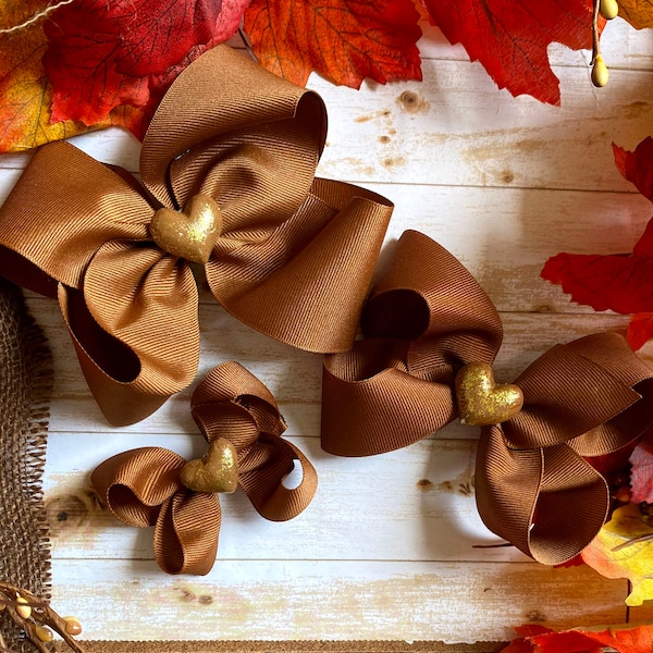 Solid Brown Hair Bow, three sizes hair bow, matching sister hair bows, autumn gold hair bow, neutral fall hair bow, multi-size hair bows