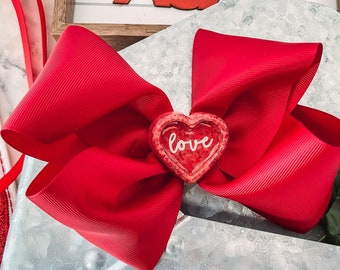 Large Valentines Hair Bow Deep Red Valentines Day Hair Bow Glitter Heart Hair Bow 6 inch Valentine Bow Girls Outfit big V-day Hair bow