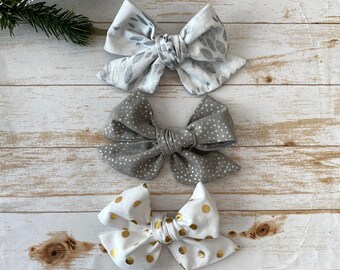 Metallic Small Hair Bows in three variations hair bow headband hair tie hair bow heirloom hair bow fabric gold hair bow silver pig tails