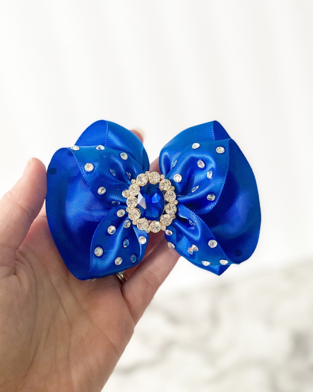 Royal Blue Pageant Hair Bow Rhinestone Ruffled Hair Bow Fancy Cobalt Bow Blue Glitz Hair ...