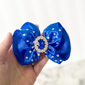 Royal Blue Pageant Hair Bow Rhinestone ruffled Hair Bow Fancy cobalt bow Blue Glitz Hair Accessory Over the top blue bow satin hair bow