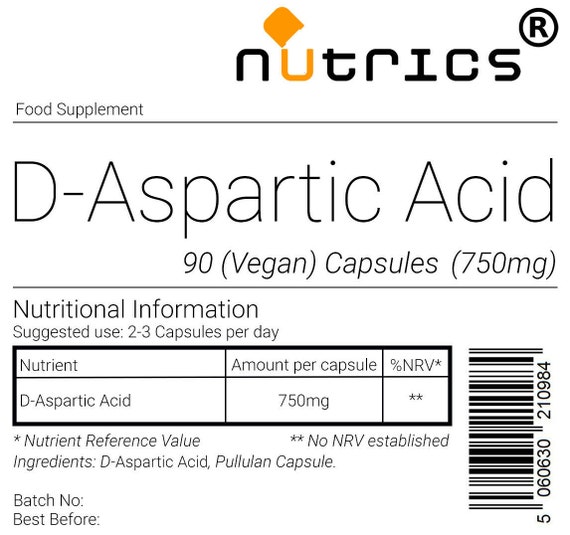 Nutrics® D Asparaginsäure 100% Rein 750mg 90 Vegane Kapseln DAA D ASPARTIC ACID 