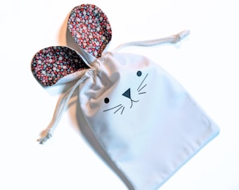 Easter Bunny Ears Drawstring Bag, white and floral cotton, lined reusable gift bag.