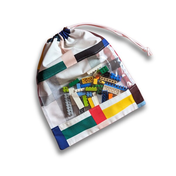 Children's Drawstring Toy Bag, peek a boo clear window, modern colourful fabric toy storage.