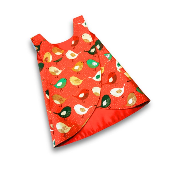 Children's Cotton Reversible Apron, cross back mobius style, Christmas red robin design (Small 1-2, Medium 2-4, Large 4-6 years)