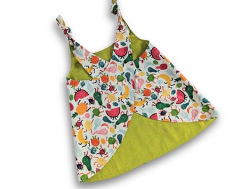 Children's Cotton Reversible Apron, cross back mobius style, bright and colourful fruit design (Small 1-2, Medium 2-4, Large 4-6 years)