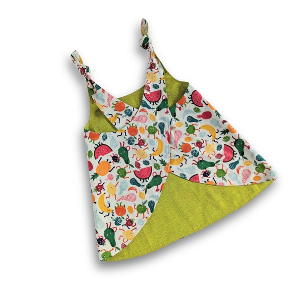 Children's Cotton Reversible Apron, cross back mobius style, bright and colourful fruit design (Small 1-2, Medium 2-4, Large 4-6 years)