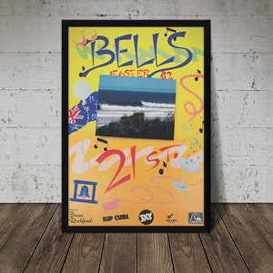 1982 RIP CURL BELL&#39;S Surfing Competition Print - Digital Download, Printable Art, Vintage Surfing Poster, Retro Surf Poster, Surfing Print