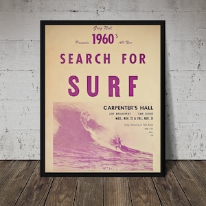 1960&#39;s SEARCH FOR SURF - Vintage Surfing Poster, Retro Surf Poster, Beach Decor, Surfing Print, Surf Decor
