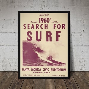 1960's SEARCH FOR SURF - Digital Download, Printable Art, Vintage Surfing Poster, Retro Surf Poster, Surfing Print