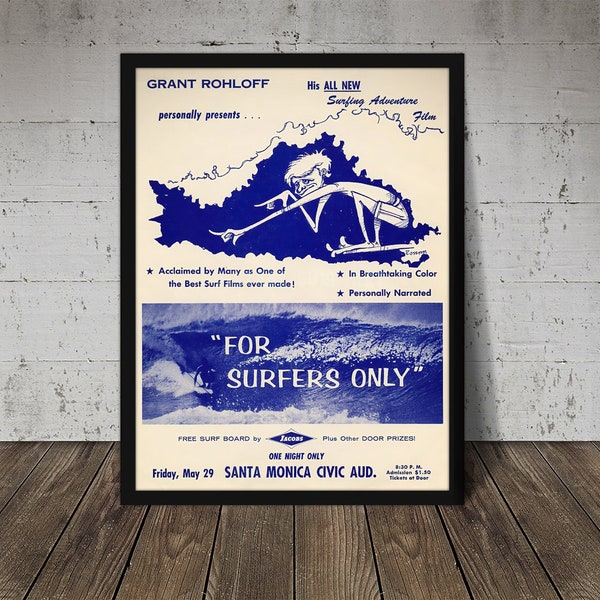 FOR SURFERS ONLY Surfing Adventure Film Poster - Digital Download, Printable Art, Vintage Surfing Poster, Surf Poster, Surfing Print