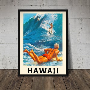 HAWAII TRAVEL POSTER - Digital Download, Printable Art, Vintage Surfing Poster, Retro Surf Poster, Surfing Print