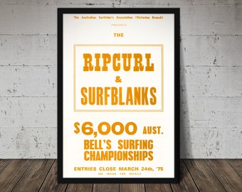 1975 Rip Curl Bell's Surfing Competition Print – Vintage Surf Poster, Retro Beach Decor