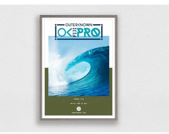 May include: A poster advertising the Outerknown Fiji Pro surfing competition. The poster features a large wave breaking in the ocean with a blue and green colour scheme. The text on the poster reads "Outerknown Fiji Pro" and "Championship Tour".