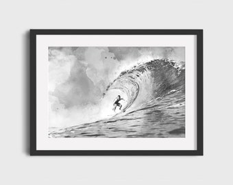 Póster de surf vintage - Lámina artística de acuarela de surfista (descarga digital)