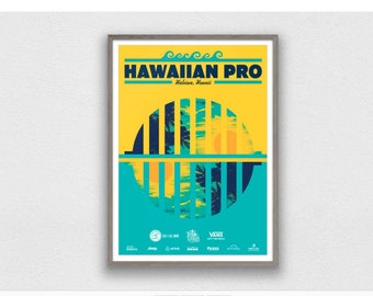 May include: A yellow and blue poster with the text "HAWAIIAN PRO" and "Haleiwa, Hawaii". The poster features a circle with a palm tree silhouette and a sunset.