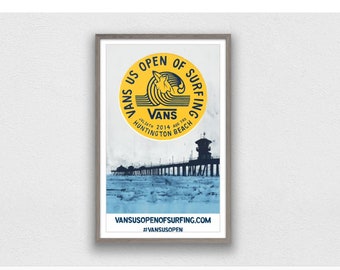 May include: A vintage-style poster for the Vans US Open of Surfing in Huntington Beach, California. The poster features a yellow circle with the text "Vans US Open of Surfing" and the Vans logo. The poster also features a black and white image of the Huntington Beach Pier.