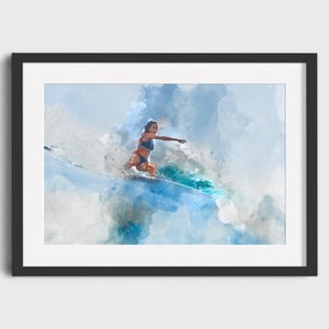SURFER GIRL Watercolor Painting - Digital Download, Printable Art, Vintage Surf Poster, Retro Surf Poster, Surfing Print, Surf Watercolor