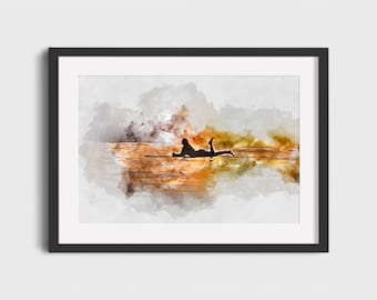 Lámina artística de una chica surfista en acuarela - Póster retro de surf (descarga digital)