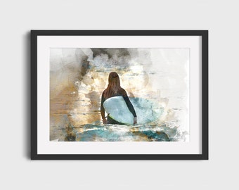 Surfer Girl Watercolor Art Print – Vintage Surf Poster (Digital Download)