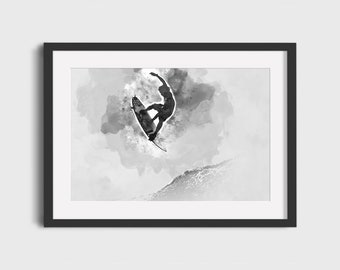 Black and White Surfer Watercolor Print – Retro Surf Art (Digital Download)