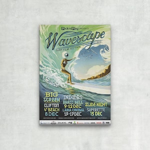 May include: A vintage-style poster for the Wavescape Surf Film Festival 2012. The poster features a woman with an eye for a head surfing a wave. The text on the poster reads "Pick n Pay Presents Wavescape Surf Film Festival 2012" and includes dates and locations for the festival.