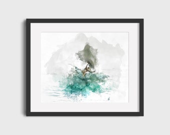 Póster de surf vintage – Lámina artística de surfista en acuarela (Descarga digital)