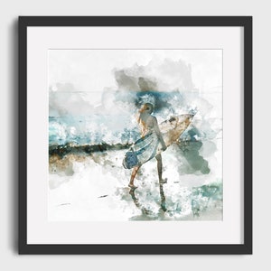 SURFER GIRL Watercolor Painting - Digital Download, Printable Art, Vintage Surf Poster, Retro Surf Poster, Surfing Print, Surf Watercolor