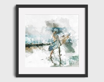 Vintage Surfer Girl Watercolor Print – Retro Surf Art (Digital Download)