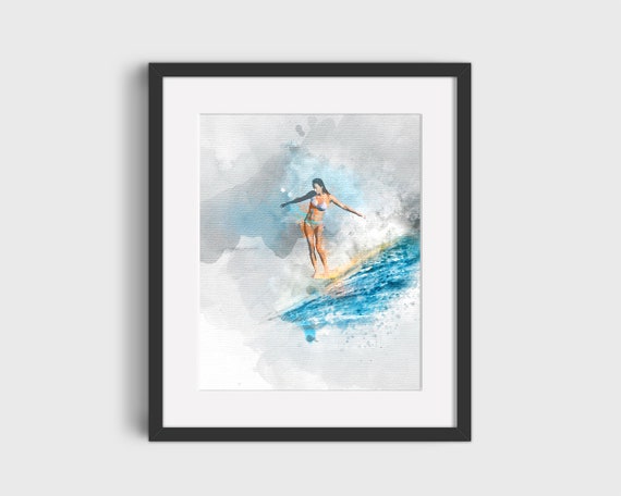 SURFER GIRL Water Color Painting - Surfing Print, Ocean Water
