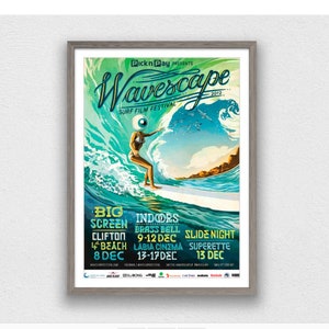 May include: A poster for the Wavescape Surf Film Festival 2012, featuring a colorful illustration of a surfer riding a wave. The poster includes the text "Pick n Pay Presents Wavescape Surf Film Festival 2012" and details about the event, including dates and locations.