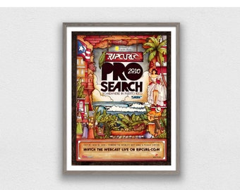Puede incluir: Un cartel colorido para la competencia de surf Rip Curl Pro Search 2010, que se llevó a cabo en Puerto Rico. El cartel presenta una ilustración estilizada de una escena de playa con palmeras, un surfista y una mujer con un vestido tradicional. El texto "Rip Curl Pro Search 2010" se muestra de manera prominente en el centro del cartel.