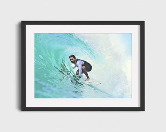 Lámina de acuarela de surfista – Arte vintage de olas (descarga digital)