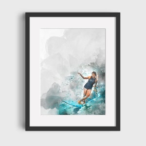 SURFER GIRL Pintura en color agua - Descarga digital, Arte imprimible, Cartel de surf vintage, Cartel de surf retro, Impresión de surf, Acuarela de surf
