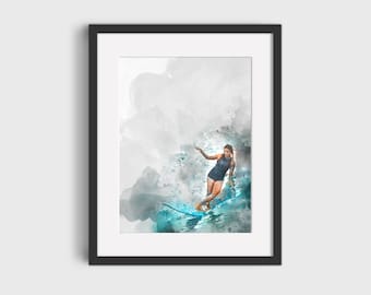 Pintura de acuarela de una chica surfista – Lámina de arte surf vintage (descarga digital)