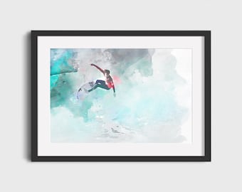 Póster vintage de surfista – Lámina artística retro de surf en acuarela (Descarga digital)