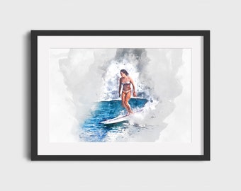 Vintage Surfer Girl Watercolor Print – Retro Surf Art (Digital Download)