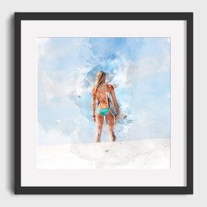 SURFER GIRL aquarelverf - digitale download, afdrukbare kunst, vintage surfposter, retro surfposter, surfprint, surfaquarel