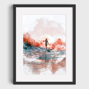 Pintura de acuarela SURFER - Descarga digital, Arte imprimible, Cartel de surf vintage, Cartel de surf retro, Impresión de surf, Acuarela de surf