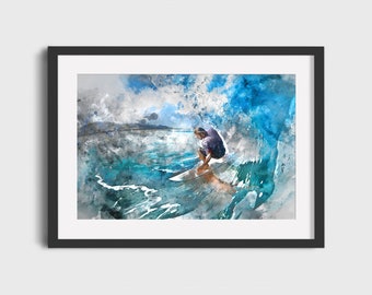 Póster de surf vintage – Pintura de surfista en acuarela (Descarga digital)